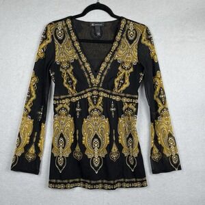 INC Long Sleeve Black/Yellow Boho Sheer Mesh Indie Whimsigoth Y2K Babydoll Top